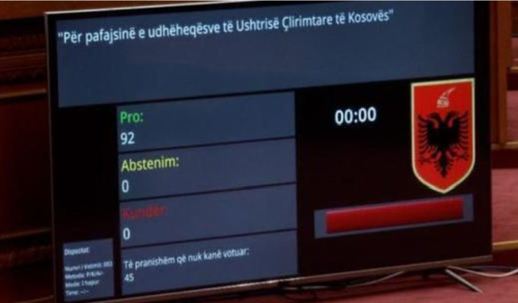 Kuvendi miratoi deklaratën për pafajësinë e liderëve të UÇK së  Spiropali  Shqipëria qëndron pranë Kosovës